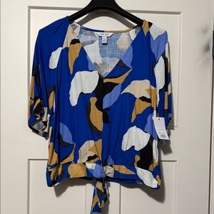 Nine West Blue and Gold Abstract Blouse